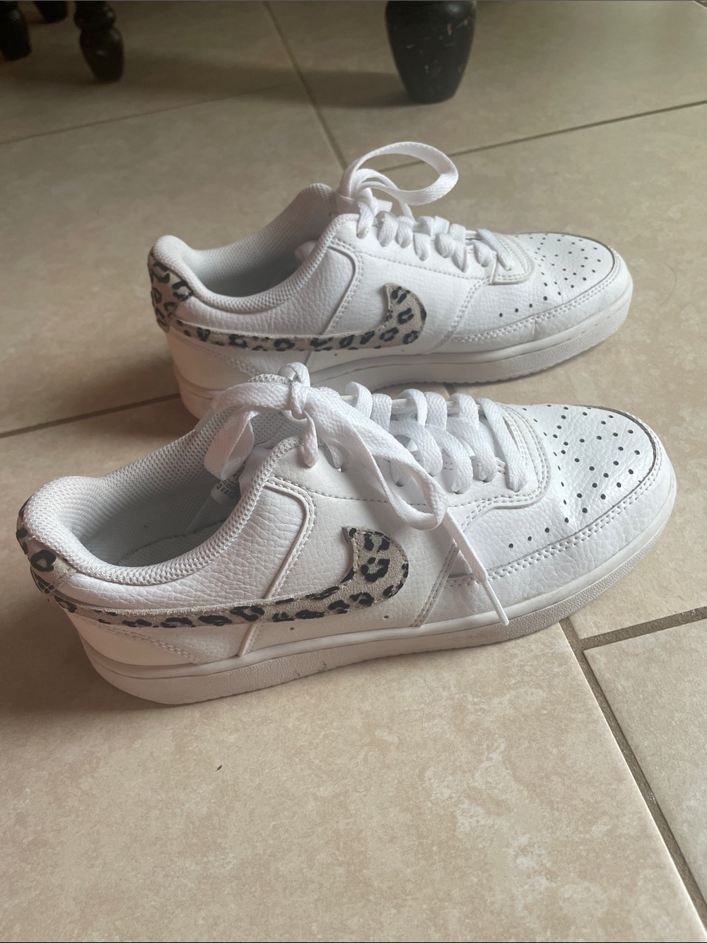 Women’s Nike White Leather Sneakers with Leopard Print Swoosh